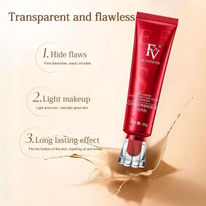 Red tube of FV SK-FOREVER Liquid Foundation with text highlighting its benefits: hiding flaws, light makeup, and long-lasting effect.