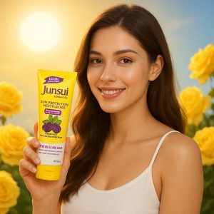 Woman using Junsui Naturals Daily SPF Moisturizer in sunlight with yellow roses
