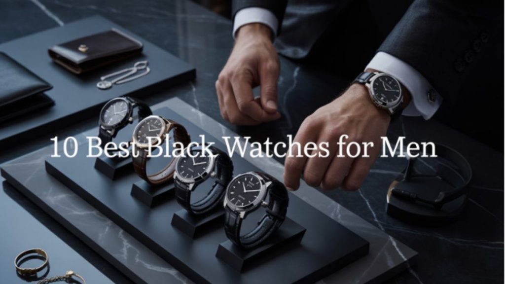 Stylish black watches for men with leather strap