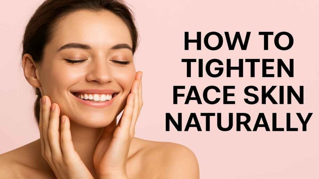 How to tighten face skin naturally smiling woman touching face.