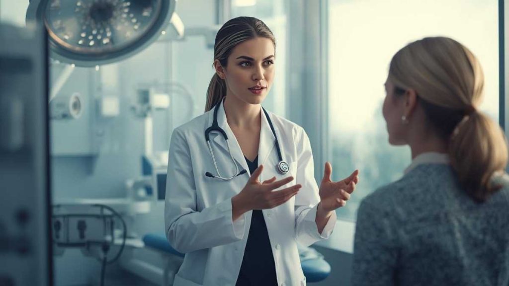 Female doctor discussing monsplasty surgery face-to-face with a patient in clinic.