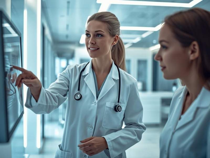 Female plastic surgeon explaining monsplasty before and after results on a screen to a patient.