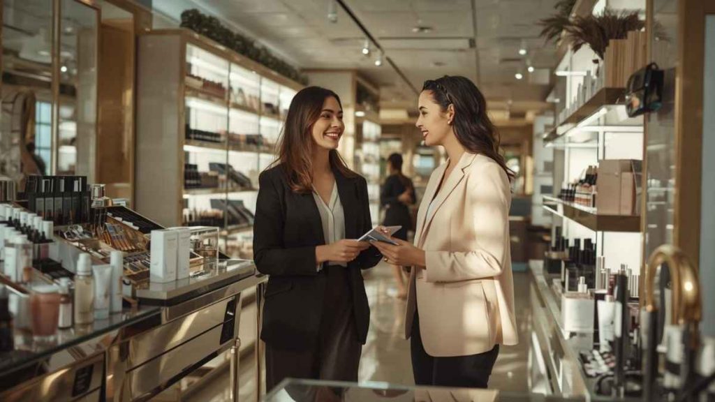 Innovative cosmetic ideas in a luxury USA cosmetic shop, female advisor guiding customer with premium beauty products.