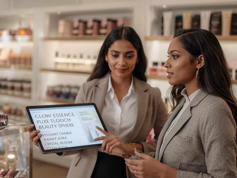 Female advisor sharing cosmetic brand name ideas with an entrepreneur customer inside a luxury USA cosmetic shop.