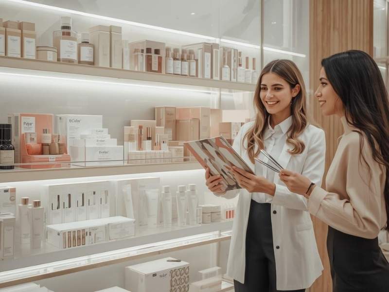 Cosmetic packaging ideas displayed with luxury jars, eco-friendly boxes, and advisor guiding customer in a USA cosmetic shop.