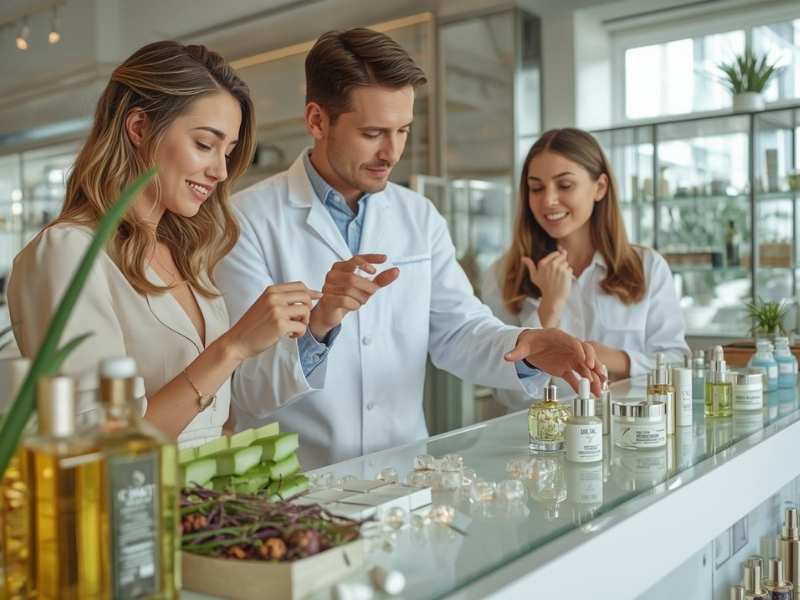 Niche innovations in the cosmetic industry with female advisor, male chemist, and customer discussing organic oils and skincare in a USA shop.