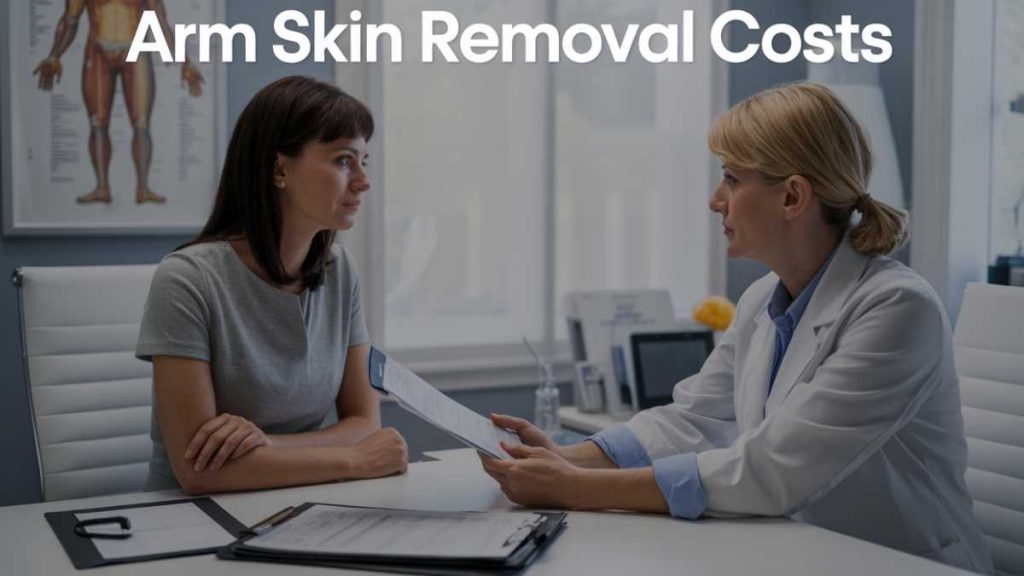 Doctor sitting with patient, explaining treatment options related to the cost of arm skin removal