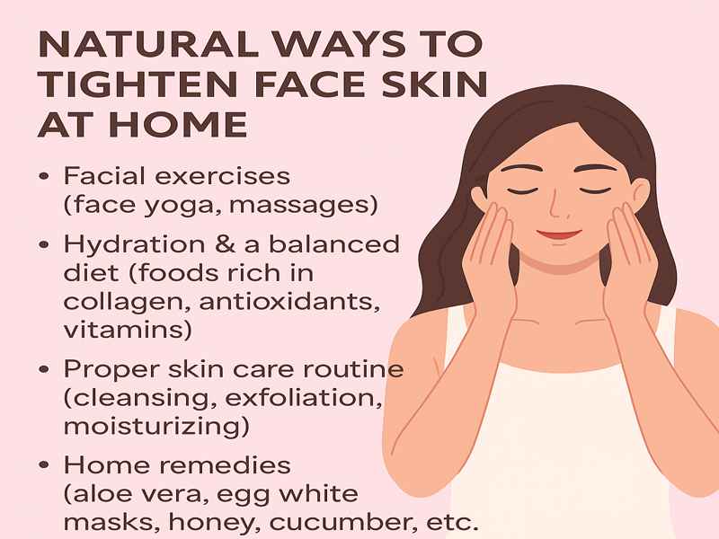 Natural ways to tighten face skin at home with exercises, diet, skincare, and remedies.